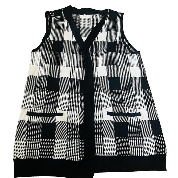 Vintage Sleeveless Knit Vest Cardigan Black White Check Open Front Pockets M - Picture 2 of 6